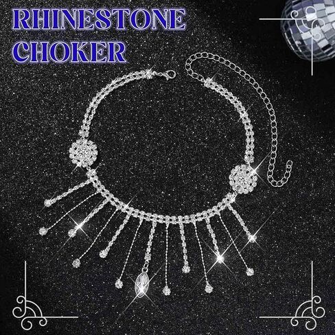 JAKAWIN Rhinestone Choker Necklace Silver Sparkly Tassel Pendant Necklaces Jewelry for Women in Kuwait