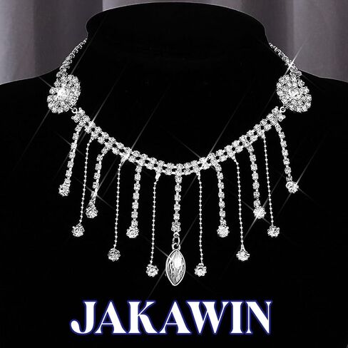 JAKAWIN Rhinestone Choker Necklace Silver Sparkly Tassel Pendant Necklaces Jewelry for Women in Kuwait
