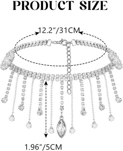 JAKAWIN Rhinestone Choker Necklace Silver Sparkly Tassel Pendant Necklaces Jewelry for Women in Kuwait