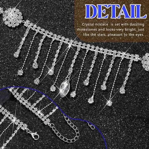 JAKAWIN Rhinestone Choker Necklace Silver Sparkly Tassel Pendant Necklaces Jewelry for Women in Kuwait
