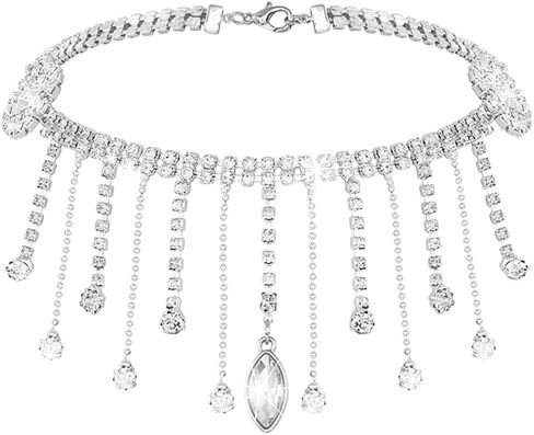 JAKAWIN Rhinestone Choker Necklace Silver Sparkly Tassel Pendant Necklaces Jewelry for Women in Kuwait