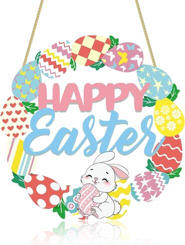 علامة زينة عيد الفصح السعيد، إكليل خشبي على شكل بيضة الأرنب للباب الأمامي، علامات جدارية لتزيين الربيع على شكل أرنب، علامة أرنب مجوفة على شكل زهرة بيضة ترحيبية معلقة (بيضة أرنب) in Kuwait