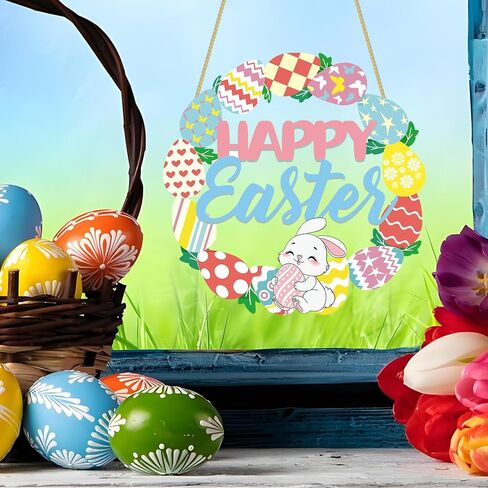 علامة زينة عيد الفصح السعيد، إكليل خشبي على شكل بيضة الأرنب للباب الأمامي، علامات جدارية لتزيين الربيع على شكل أرنب، علامة أرنب مجوفة على شكل زهرة بيضة ترحيبية معلقة (بيضة أرنب) in Kuwait