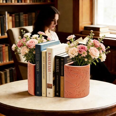 Decorative Bookends, Flower Pot Book Ends for Shelves, Terracotta Kitchen Bookends Novelty Plant Pot Holder, Office Book Shelf Accessories with Funny Indoor Plants Pot in Saudi Arabia