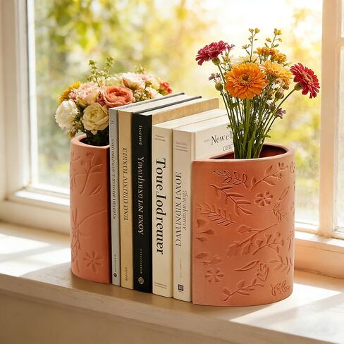 Decorative Bookends, Flower Pot Book Ends for Shelves, Terracotta Kitchen Bookends Novelty Plant Pot Holder, Office Book Shelf Accessories with Funny Indoor Plants Pot in Saudi Arabia