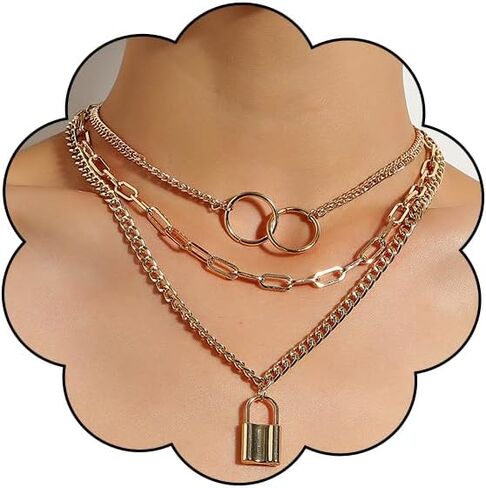 قلادة سلسلة مكتنزة للنساء، قلادة بانك لوك روز آنجل صن دائرية قلادة متعددة الطبقات قابلة للتكديس قلادة عصرية مجوهرات قلادة بسيطة in Kuwait