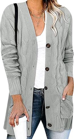 OMZIN Women Daily Cable Knit Plain Cardigan Baggy Button Down Sweater V Neck Autumn Business Coat in Kuwait