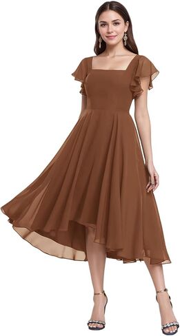 Tea Length Chiffon Bridesmaid Dress Sqaure Neck Formal Party Dresses with Short Sleeve in Saudi Arabia