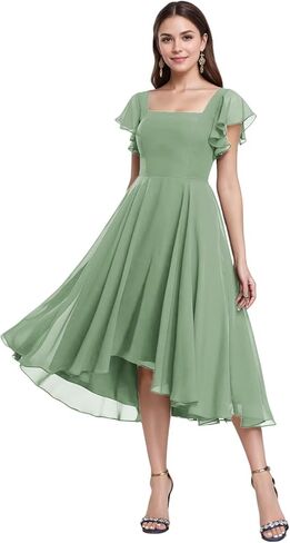 Tea Length Chiffon Bridesmaid Dress Sqaure Neck Formal Party Dresses with Short Sleeve in Saudi Arabia