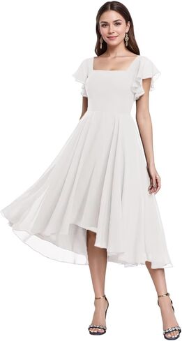 Tea Length Chiffon Bridesmaid Dress Sqaure Neck Formal Party Dresses with Short Sleeve in Saudi Arabia