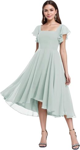 Tea Length Chiffon Bridesmaid Dress Sqaure Neck Formal Party Dresses with Short Sleeve in Saudi Arabia