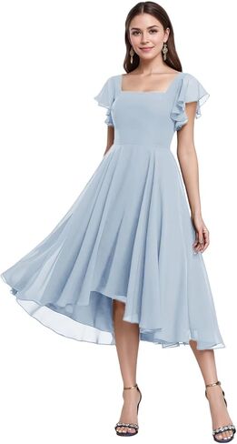 Tea Length Chiffon Bridesmaid Dress Sqaure Neck Formal Party Dresses with Short Sleeve in Saudi Arabia