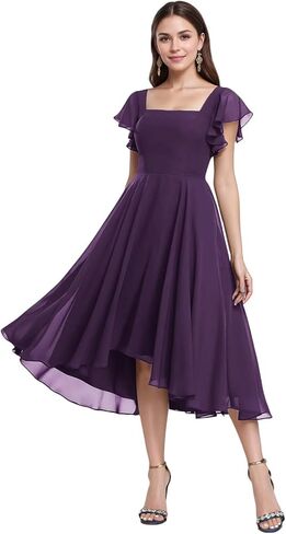 Tea Length Chiffon Bridesmaid Dress Sqaure Neck Formal Party Dresses with Short Sleeve in Saudi Arabia