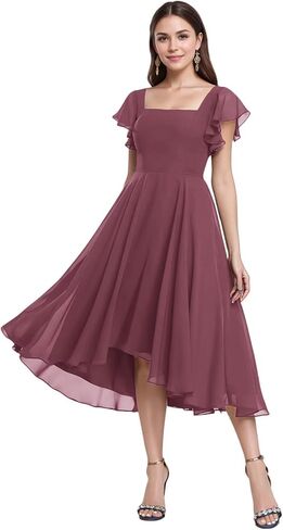 Tea Length Chiffon Bridesmaid Dress Sqaure Neck Formal Party Dresses with Short Sleeve in Saudi Arabia