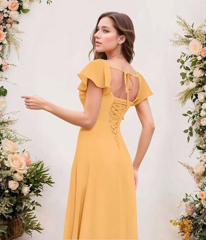 Tea Length Chiffon Bridesmaid Dress Sqaure Neck Formal Party Dresses with Short Sleeve in Saudi Arabia