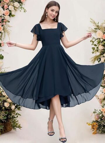 Tea Length Chiffon Bridesmaid Dress Sqaure Neck Formal Party Dresses with Short Sleeve in Saudi Arabia