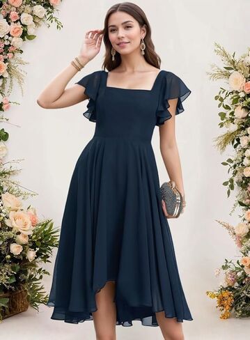 Tea Length Chiffon Bridesmaid Dress Sqaure Neck Formal Party Dresses with Short Sleeve in Saudi Arabia
