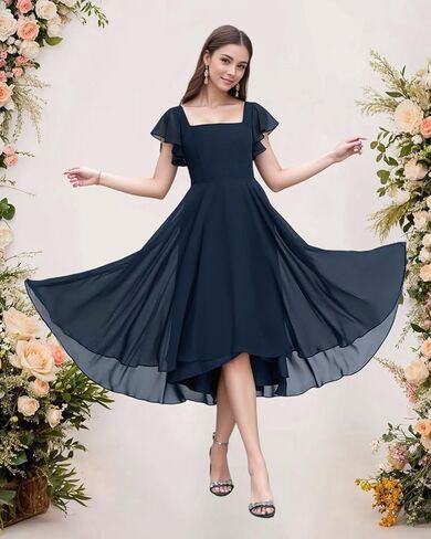 Tea Length Chiffon Bridesmaid Dress Sqaure Neck Formal Party Dresses with Short Sleeve in Saudi Arabia