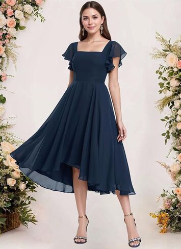 Tea Length Chiffon Bridesmaid Dress Sqaure Neck Formal Party Dresses with Short Sleeve in Saudi Arabia