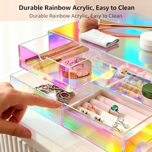 منظم أقراط أكريليك من AZY Rainbow بطبقتين و3 أدراج مع 6 أقسام، منظم متعدد الأغراض لسطح الطاولة، صينية مجوهرات مخملية للخواتم والقلائد والمكياج والإكسسوارات الصغيرة in Kuwait