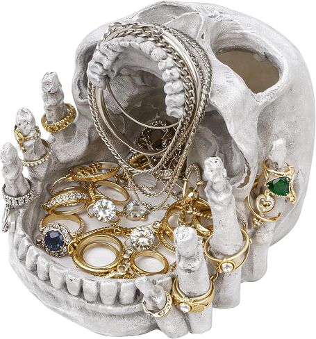 Resin Skull Shaped Jewelry Holder for Ring & Charm, Gothic Skull Decorative Storage for Earring Trinket, White Dark Aesthetic Halloween Decor, Shelf Display Gift for Bedroom, Living Room Home Office in Kuwait