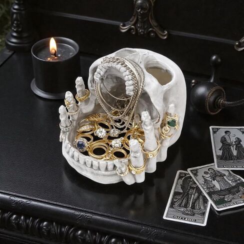 Resin Skull Shaped Jewelry Holder for Ring & Charm, Gothic Skull Decorative Storage for Earring Trinket, White Dark Aesthetic Halloween Decor, Shelf Display Gift for Bedroom, Living Room Home Office in Kuwait