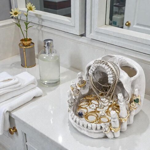 Resin Skull Shaped Jewelry Holder for Ring & Charm, Gothic Skull Decorative Storage for Earring Trinket, White Dark Aesthetic Halloween Decor, Shelf Display Gift for Bedroom, Living Room Home Office in Kuwait