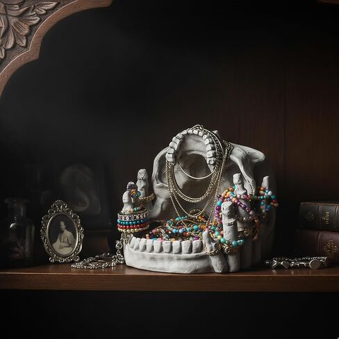 Resin Skull Shaped Jewelry Holder for Ring & Charm, Gothic Skull Decorative Storage for Earring Trinket, White Dark Aesthetic Halloween Decor, Shelf Display Gift for Bedroom, Living Room Home Office in Kuwait