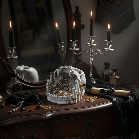 Resin Skull Shaped Jewelry Holder for Ring & Charm, Gothic Skull Decorative Storage for Earring Trinket, White Dark Aesthetic Halloween Decor, Shelf Display Gift for Bedroom, Living Room Home Office in Kuwait