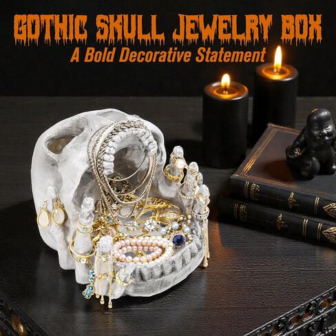 Resin Skull Shaped Jewelry Holder for Ring & Charm, Gothic Skull Decorative Storage for Earring Trinket, White Dark Aesthetic Halloween Decor, Shelf Display Gift for Bedroom, Living Room Home Office in Kuwait