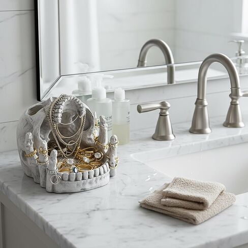 Resin Skull Shaped Jewelry Holder for Ring & Charm, Gothic Skull Decorative Storage for Earring Trinket, White Dark Aesthetic Halloween Decor, Shelf Display Gift for Bedroom, Living Room Home Office in Kuwait