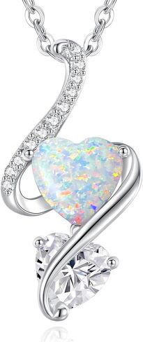LOUISA SECRET 925 Sterling Silver Opal Birthstone Necklace, Unique Tiny Double Heart Pendant Jewelry, Engraved with "S925 I Love You" Best Birthday Gift for Women Wife Girlfriend Mom Her, Christmas Day Valentine's Day Anniversary Mother's Day in Kuwait