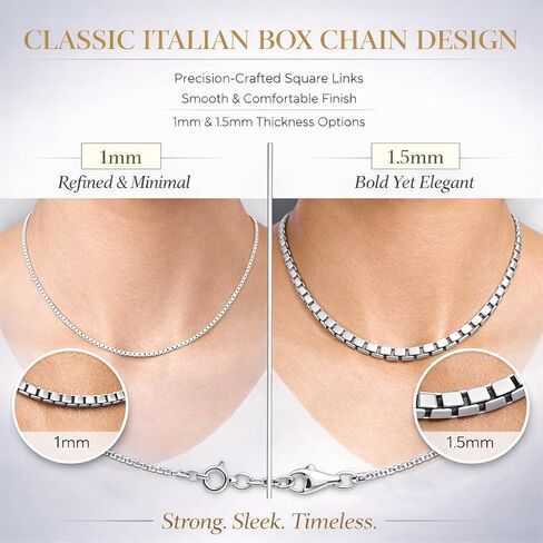 925 Sterling Silver Italian Box Chain Necklace for Women & Men – Solid Silver, Secure Clasp, 1mm & 1.5mm, 16–30 Inch – Durable Layering Chain for Everyday & Special Occasions in Saudi Arabia