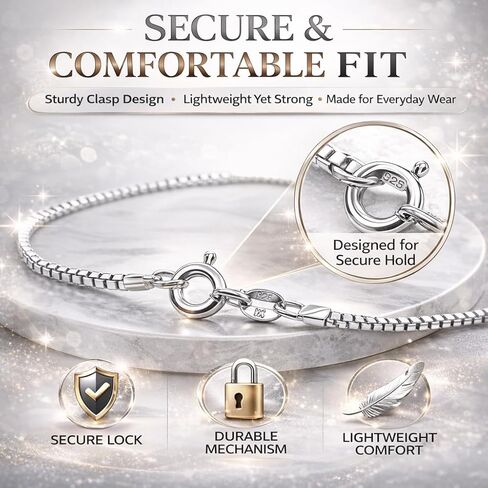925 Sterling Silver Italian Box Chain Necklace for Women & Men – Solid Silver, Secure Clasp, 1mm & 1.5mm, 16–30 Inch – Durable Layering Chain for Everyday & Special Occasions in Saudi Arabia