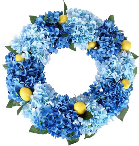 Kmise Summer Spring Wreath for Front Door,26" Big Blue Hydrangea Lemon Wreath for Door Window Hanging Wedding Party Décor in Saudi Arabia