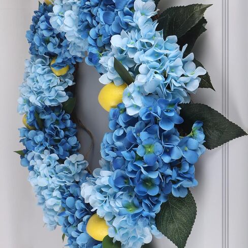 Kmise Summer Spring Wreath for Front Door,26" Big Blue Hydrangea Lemon Wreath for Door Window Hanging Wedding Party Décor in Saudi Arabia