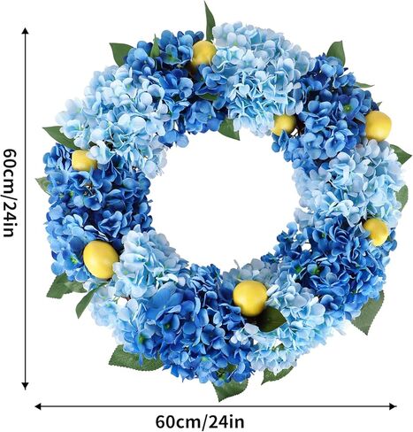 Kmise Summer Spring Wreath for Front Door,26" Big Blue Hydrangea Lemon Wreath for Door Window Hanging Wedding Party Décor in Saudi Arabia