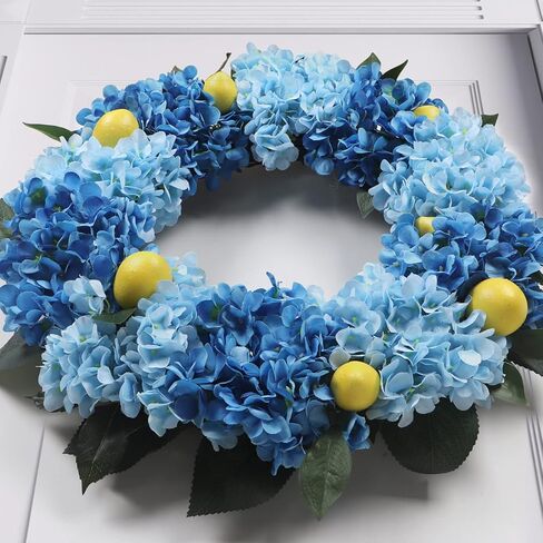 Kmise Summer Spring Wreath for Front Door,26" Big Blue Hydrangea Lemon Wreath for Door Window Hanging Wedding Party Décor in Saudi Arabia