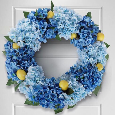 Kmise Summer Spring Wreath for Front Door,26" Big Blue Hydrangea Lemon Wreath for Door Window Hanging Wedding Party Décor in Saudi Arabia