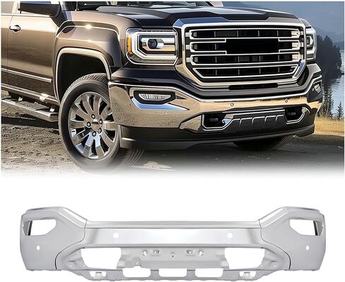 المصد الأمامي KUAFU متوافق مع 2016 2017 2018 2019 GMC Sierra 1500 استبدال محدود لـ GM1002866، 23243500 المصد الأمامي شريط الوجه مع فتحات الاستشعار الصلب الكروم الفضي in Saudi Arabia