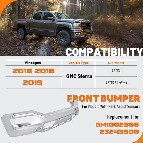 المصد الأمامي KUAFU متوافق مع 2016 2017 2018 2019 GMC Sierra 1500 استبدال محدود لـ GM1002866، 23243500 المصد الأمامي شريط الوجه مع فتحات الاستشعار الصلب الكروم الفضي in Saudi Arabia