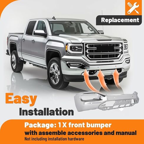 المصد الأمامي KUAFU متوافق مع 2016 2017 2018 2019 GMC Sierra 1500 استبدال محدود لـ GM1002866، 23243500 المصد الأمامي شريط الوجه مع فتحات الاستشعار الصلب الكروم الفضي in Saudi Arabia