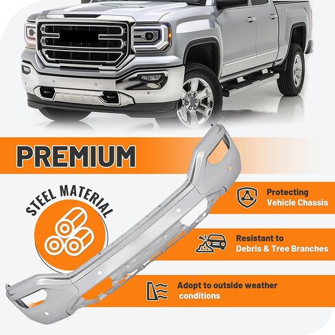 المصد الأمامي KUAFU متوافق مع 2016 2017 2018 2019 GMC Sierra 1500 استبدال محدود لـ GM1002866، 23243500 المصد الأمامي شريط الوجه مع فتحات الاستشعار الصلب الكروم الفضي in Saudi Arabia