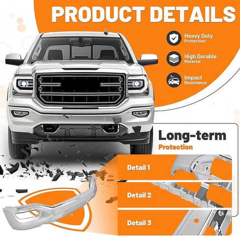 المصد الأمامي KUAFU متوافق مع 2016 2017 2018 2019 GMC Sierra 1500 استبدال محدود لـ GM1002866، 23243500 المصد الأمامي شريط الوجه مع فتحات الاستشعار الصلب الكروم الفضي in Saudi Arabia