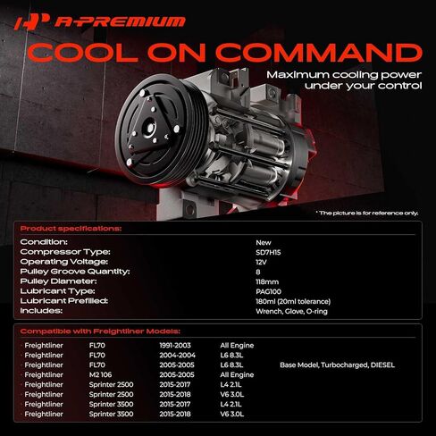 ضاغط مكيف هواء ممتاز مع قابض متوافق مع Freightliner FL70 1991-2003، FL70 2004-2005 8.3L، M2 106 2005، Sprinter 2500 3500 2015-2017 2.1L 3.0L، Sprinter 2500 3500 2018 3.0 لتر in Saudi Arabia