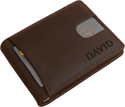 Personalized Leather Men Minimalist Wallet, Custom/Customized Slim Gift Wallet, For Him/Husband/Boyfriend/Dad/Kids/Birthday (DARK BROWN) in Saudi Arabia