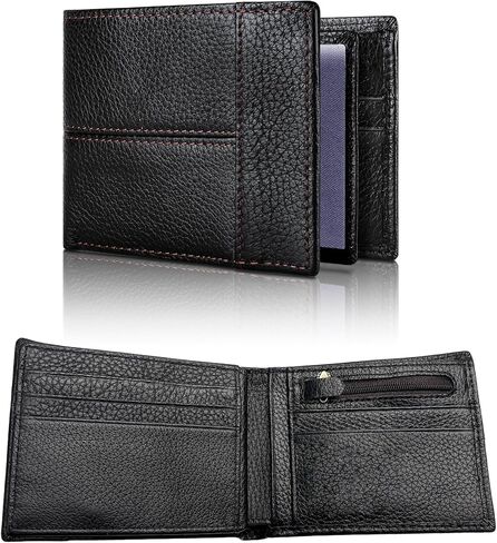محفظة رجالية أنيقة، محفظة جلدية أصلية ثنائية الطي مع تقنية حجب RFID وجيب فردي للعملات المعدنية، وهي محفظة أساسية للعمل والترفيه والسفر in Kuwait