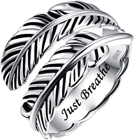 AVECON 925 Sterling Silver Adjustable Feather Ring Vintage Statement Leaf Ring for Women Men in Kuwait