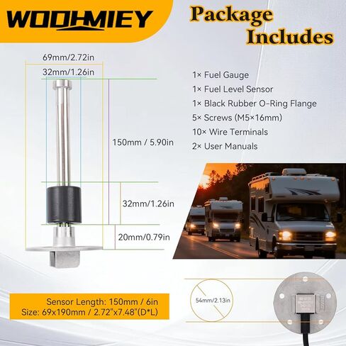 Fuel/Water Level Gauge & Sender Unit, 240-33 Ohm Marine Grade Stainless Steel Sensor with Adjustable Backlight, IP67 for Boat, RV, Truck, Yacht (Fuel Gauge Kit, 6" / 150MM) in Kuwait