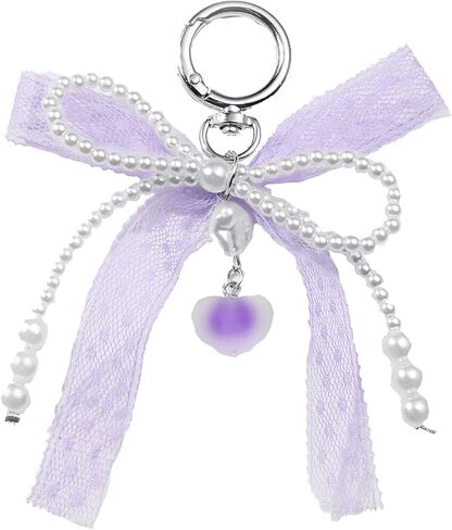 Lace Pearl Bow Bag Charm for for Handbags, Cute Ribbon Pearl Keychain Purse Charms Handbag Pendant for Women Girls in Kuwait